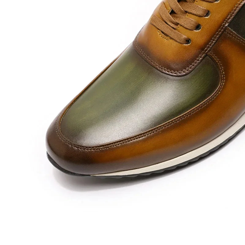 Mens Big Size 5-15 Casual Shoes Genuine Leather Hand Painted Oxford Lace-Up Sneakers Brown/Green Fashion Street Style