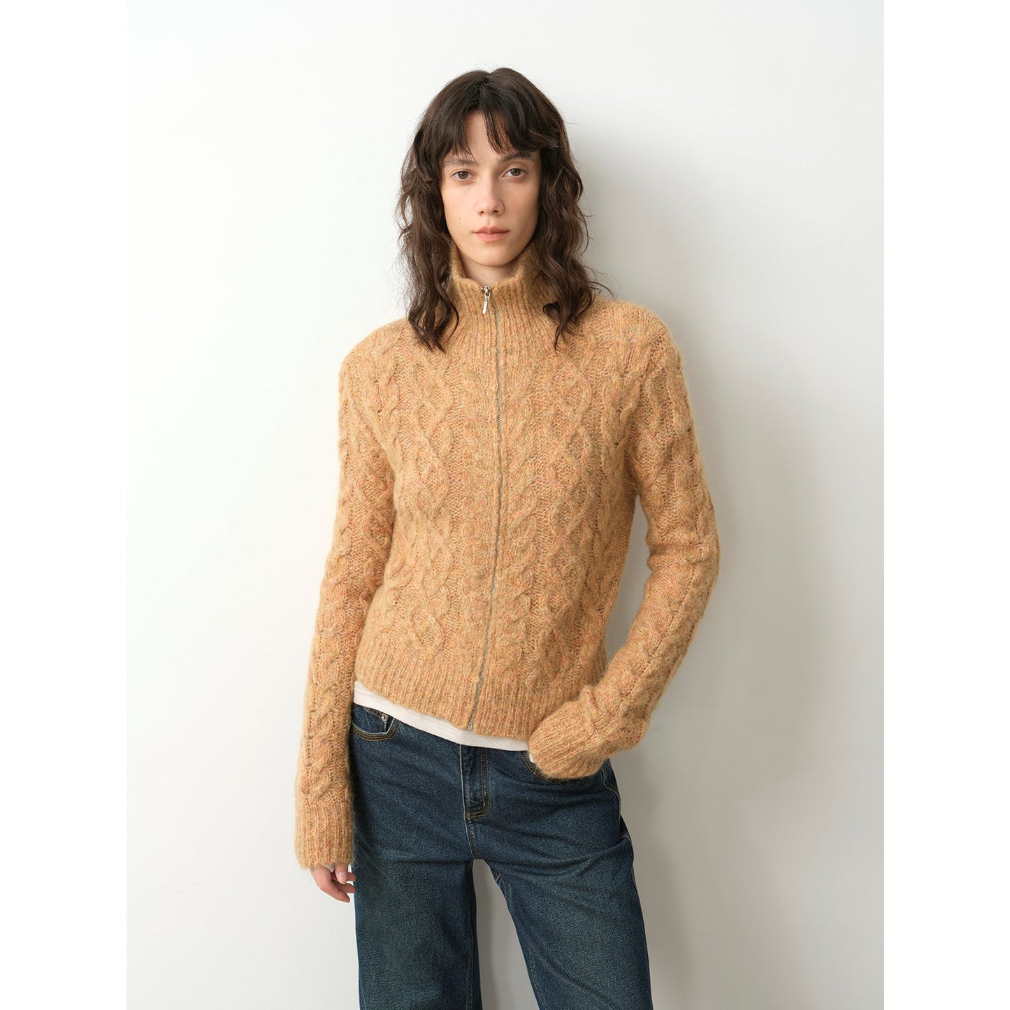 Fitted High-Neck Zipper Knit Cardigan – Angora Mohair Wool Blend, Slim Fit
