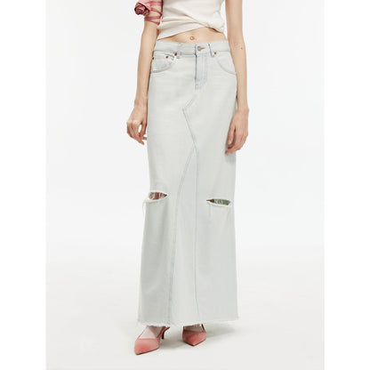 "Walden Pond" Turkish Imported Wash-Faded Distressed Hole Denim A-Line Skirt