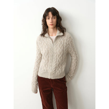 Fitted High-Neck Zipper Knit Cardigan – Angora Mohair Wool Blend, Slim Fit