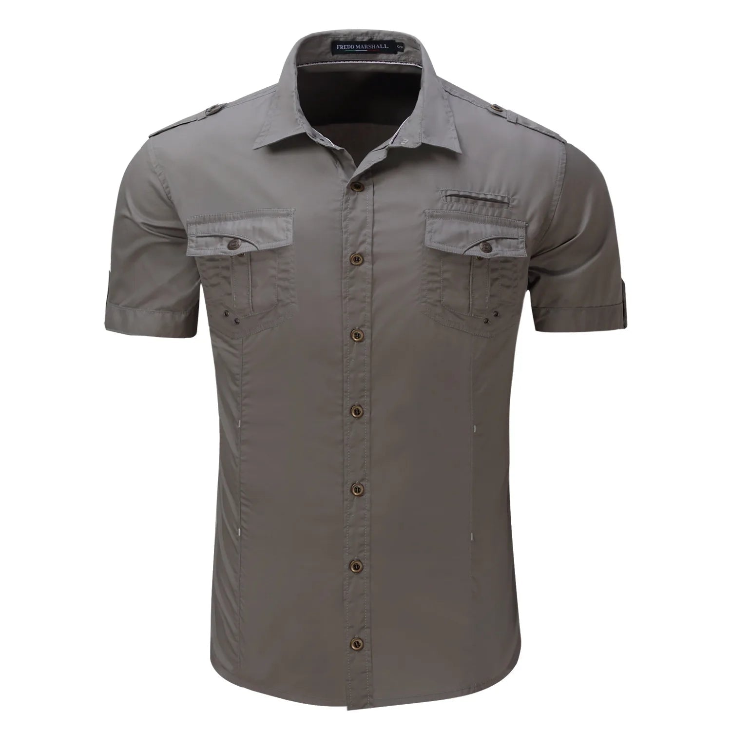 Black short sleeve men's button-down shirt with military-inspired design