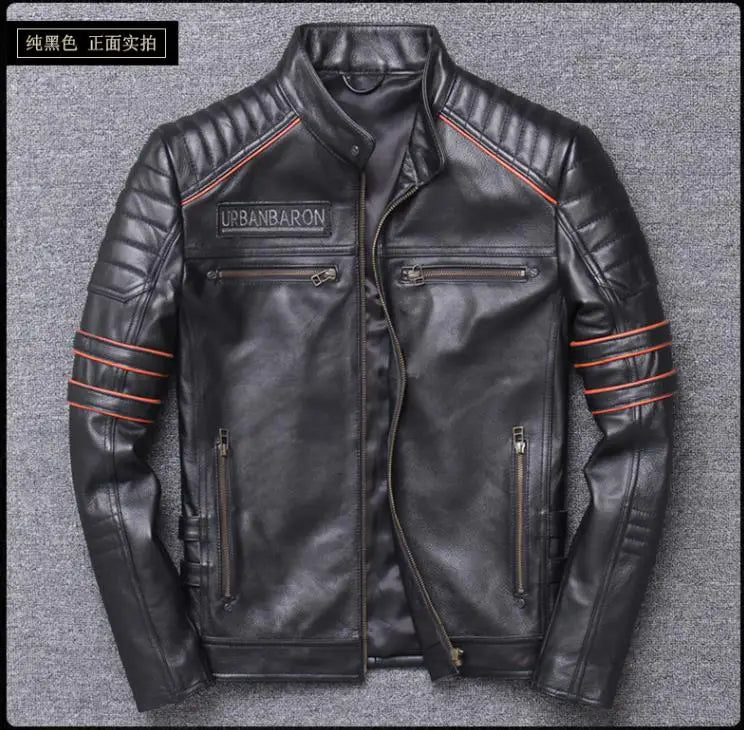 CC Shop.Brand Skull Cowhide coat.Y2K Black Slim Genuine Leather Jacket,Rider Leather cloth.Chaqueta De Cuero Esqueleto