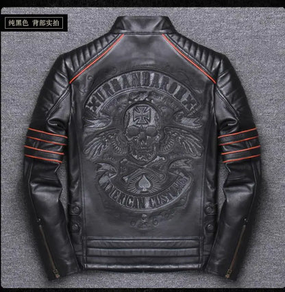 CC Shop.Brand Skull Cowhide coat.Y2K Black Slim Genuine Leather Jacket,Rider Leather cloth.Chaqueta De Cuero Esqueleto