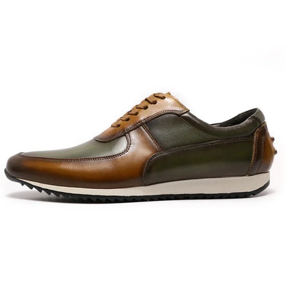 Mens Big Size 5-15 Casual Shoes Genuine Leather Hand Painted Oxford Lace-Up Sneakers Brown/Green Fashion Street Style
