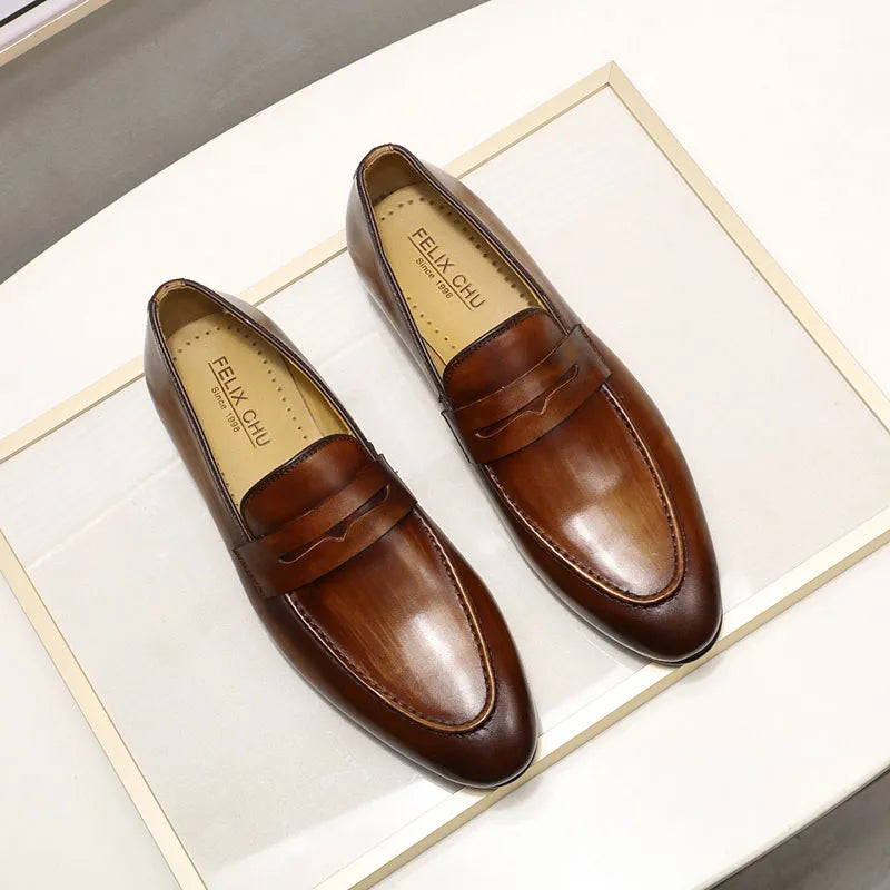 FELIX CHU Mens Penny Loafers Leather Shoes Genuine Leather Elegant Wedding Party Casual Dress Shoes Brown Black Shoes for Men
