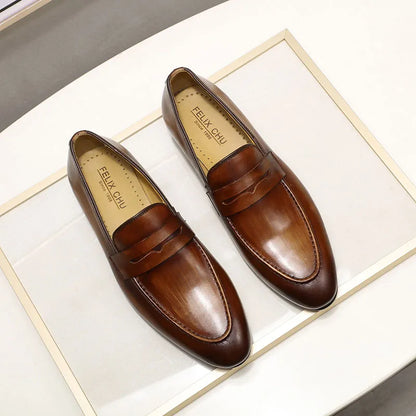 FELIX CHU Mens Penny Loafers Leather Shoes Genuine Leather Elegant Wedding Party Casual Dress Shoes Brown Black Shoes for Men