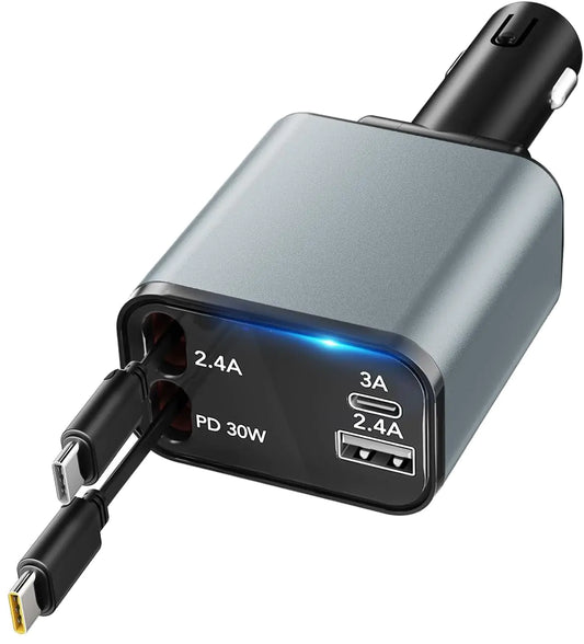 Retractable Car Charger 4-in-1 Fast Car Phone Charging with Dual 2.6ft USB C Cords Dual USB Ports Car Charger Adapter Automotive Interior Car Accessories and Road Trip Essentials Must Haves