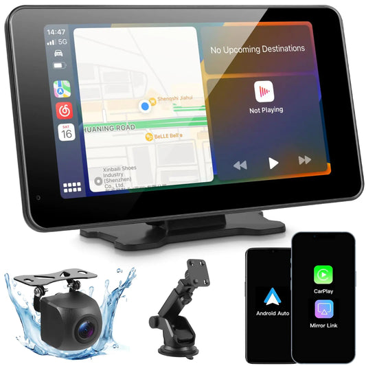Wireless for Apple CarPlay and Android Auto7"HD Portable Touch Screen Car Stereo with Mirror LinkBluetooth1080p Backup CameraGPS NavigationAUXSiriFMVoice ControlMultimedia Player for All Cars