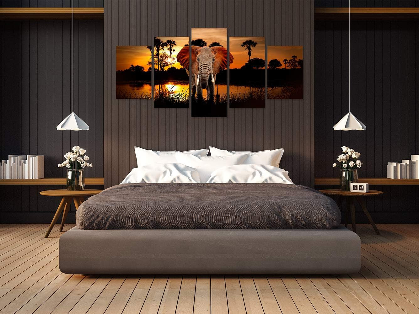 Purple Flower Canvas Wall Art Black and White Paintings Prints Pictures for Home Decor (Elephant, 16"X24"X2+16"X32"X2+16"X40")