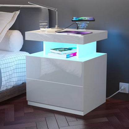 Brenard Manufactured Wood Nightstand with Wireless Charging Station, LED Light and 2 Drawers