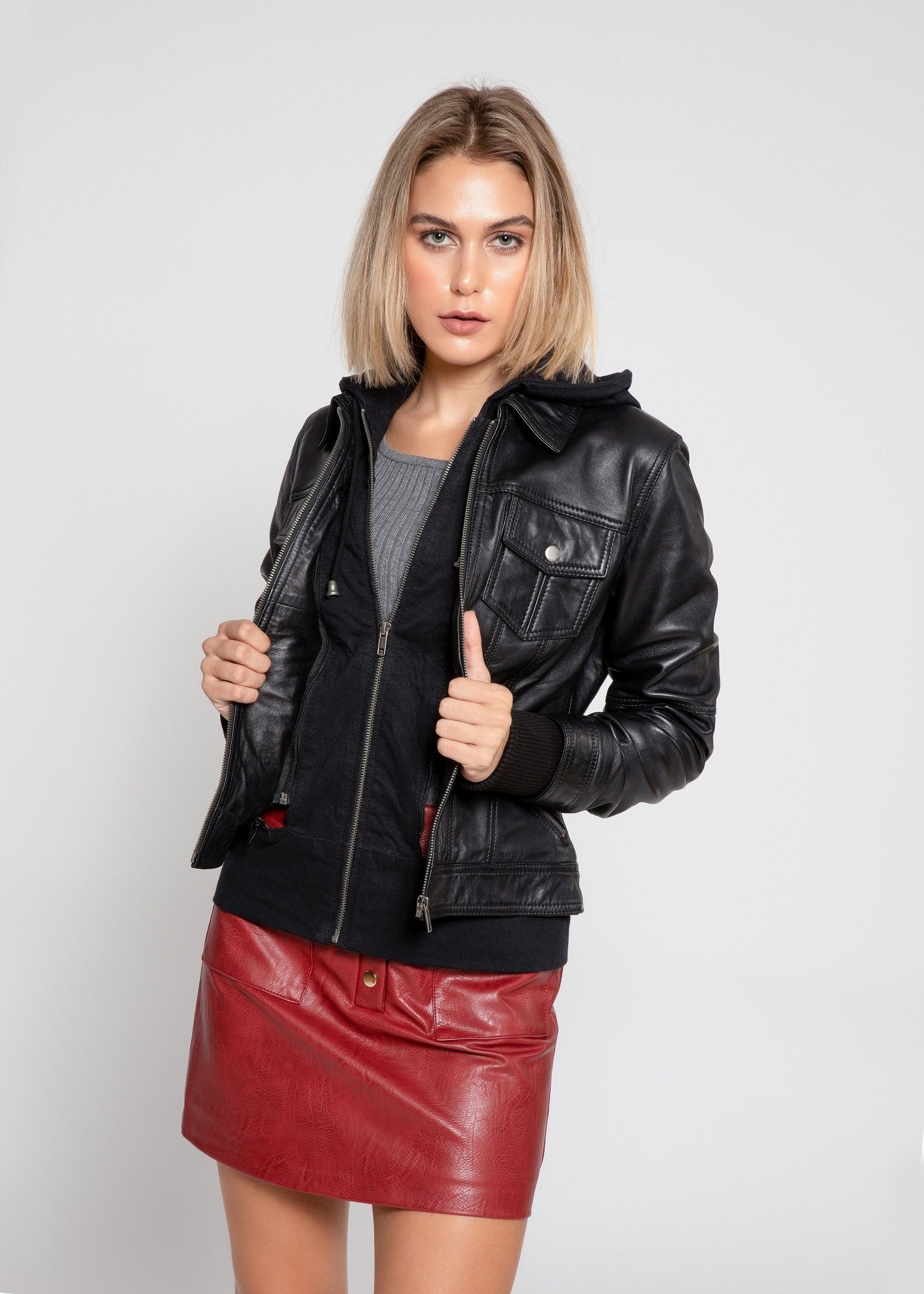 Annalise Black Lambskin Hooded Leather Jacket | Fleece Lined - eighttwentytwo92
