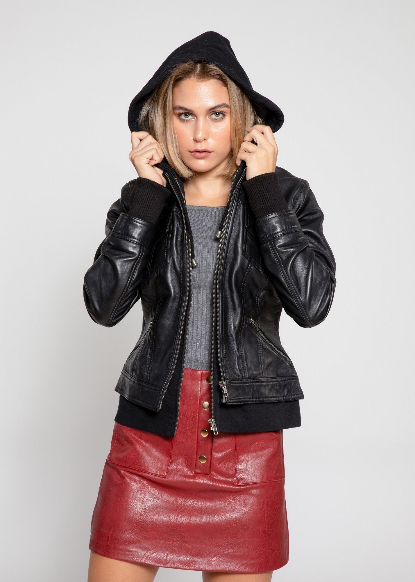 Annalise Black Lambskin Hooded Leather Jacket | Fleece Lined - eighttwentytwo92