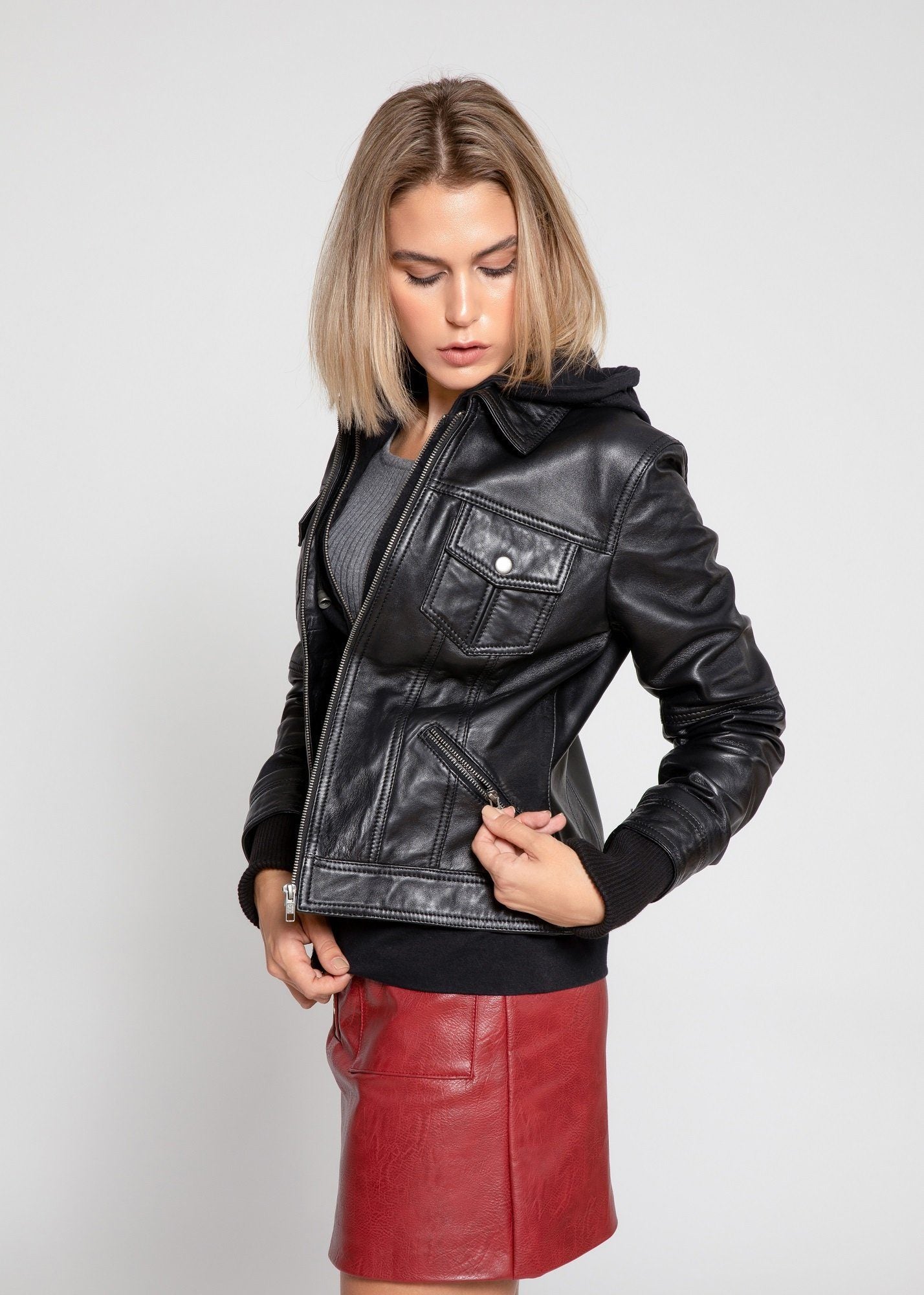 Annalise Black Lambskin Hooded Leather Jacket | Fleece Lined - eighttwentytwo92