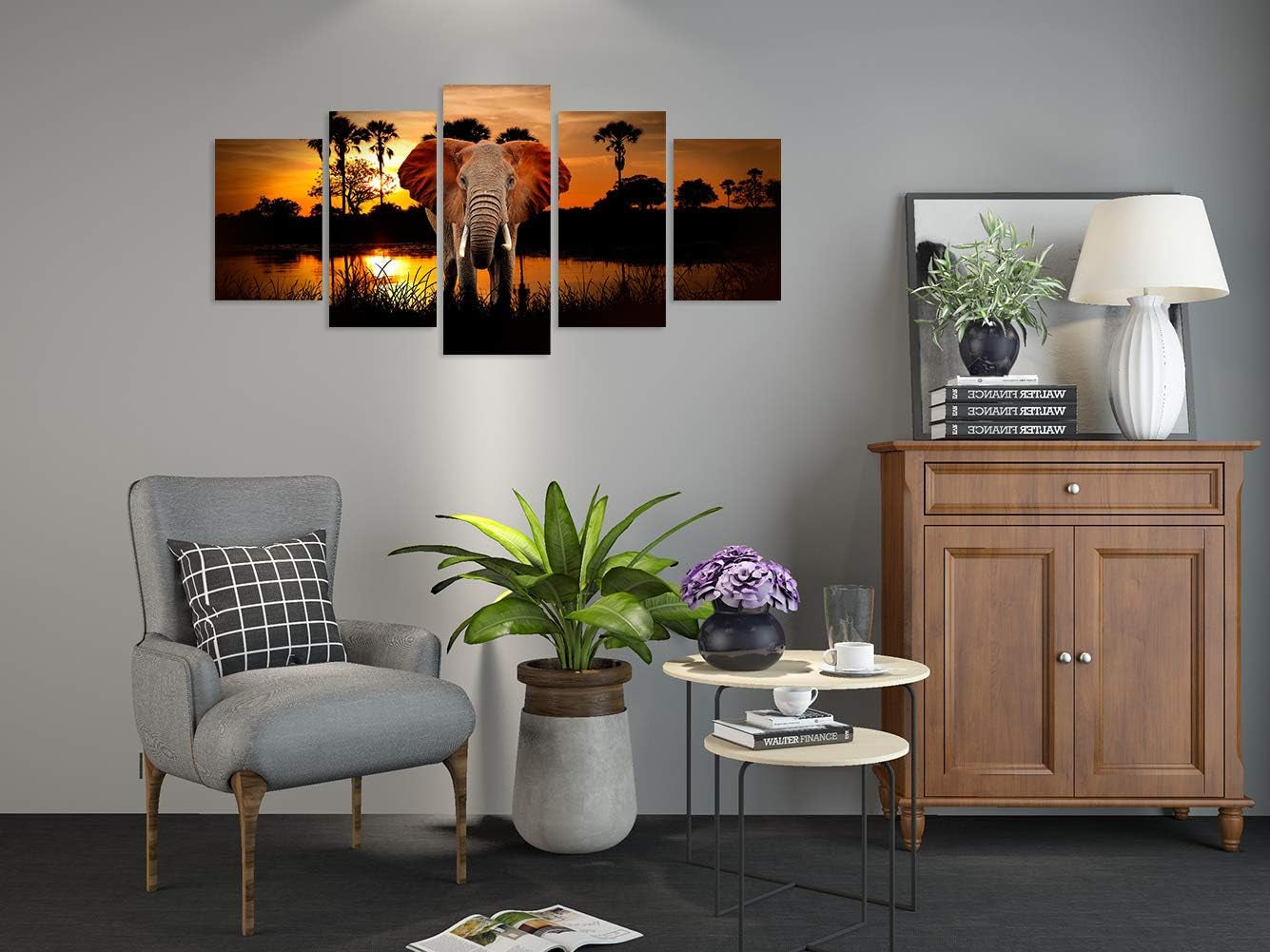 Purple Flower Canvas Wall Art Black and White Paintings Prints Pictures for Home Decor (Elephant, 16"X24"X2+16"X32"X2+16"X40")