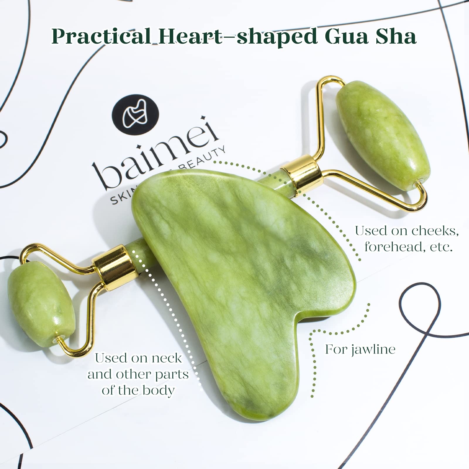 BAIMEI IcyMe Gua Sha & Jade Roller Facial Tools Face Roller and Gua Sha Set for Puffiness and Redness Reducing Skin Care Routine, Self Care Gift for Men Women - Green - eighttwentytwo92