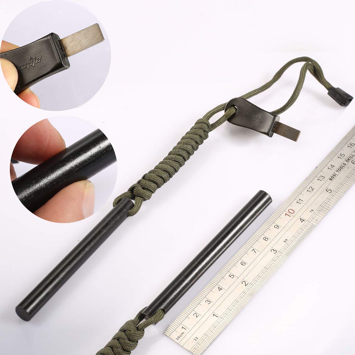 bayite 4 Inch Survival Ferrocerium Drilled Flint Fire Starter, Ferro Rod Kit with Paracord Landyard Handle and Striker, 4"(Long) x 3/8"(Diameter) - eighttwentytwo92