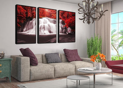 Waterfall - Wall Art Painting Black White Red Landscape Canvas Wall Art 3 Pieces,Red Trees Forest Picture Prints for Home-Office - Canvas Art Wall Art for Living Room 12X16Inchx3Pcs