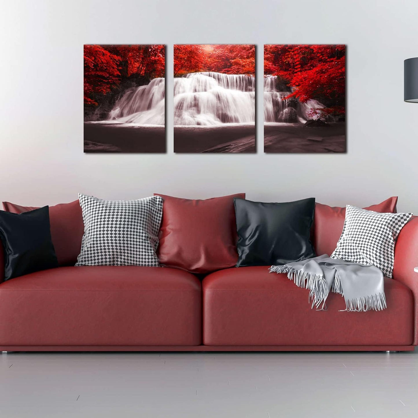Waterfall - Wall Art Painting Black White Red Landscape Canvas Wall Art 3 Pieces,Red Trees Forest Picture Prints for Home-Office - Canvas Art Wall Art for Living Room 12X16Inchx3Pcs