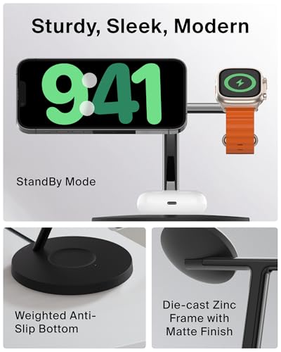 Belkin MagSafe - Compatible Charger, 3 - in - 1 Wireless Charging Station, Qi2 - Certified 15W Wireless Charge for Apple iPhone 17 Series, Apple Watch, AirPods w/Non - Slip Base, 40W Included - Black - eighttwentytwo92