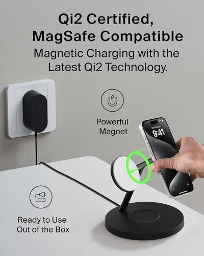 Belkin MagSafe - Compatible Charger, 3 - in - 1 Wireless Charging Station, Qi2 - Certified 15W Wireless Charge for Apple iPhone 17 Series, Apple Watch, AirPods w/Non - Slip Base, 40W Included - Black - eighttwentytwo92