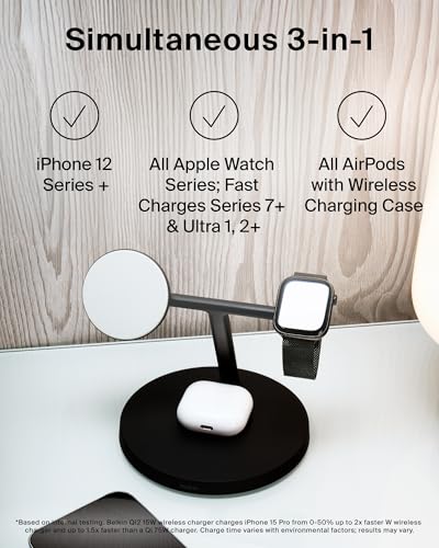 Belkin MagSafe - Compatible Charger, 3 - in - 1 Wireless Charging Station, Qi2 - Certified 15W Wireless Charge for Apple iPhone 17 Series, Apple Watch, AirPods w/Non - Slip Base, 40W Included - Black - eighttwentytwo92