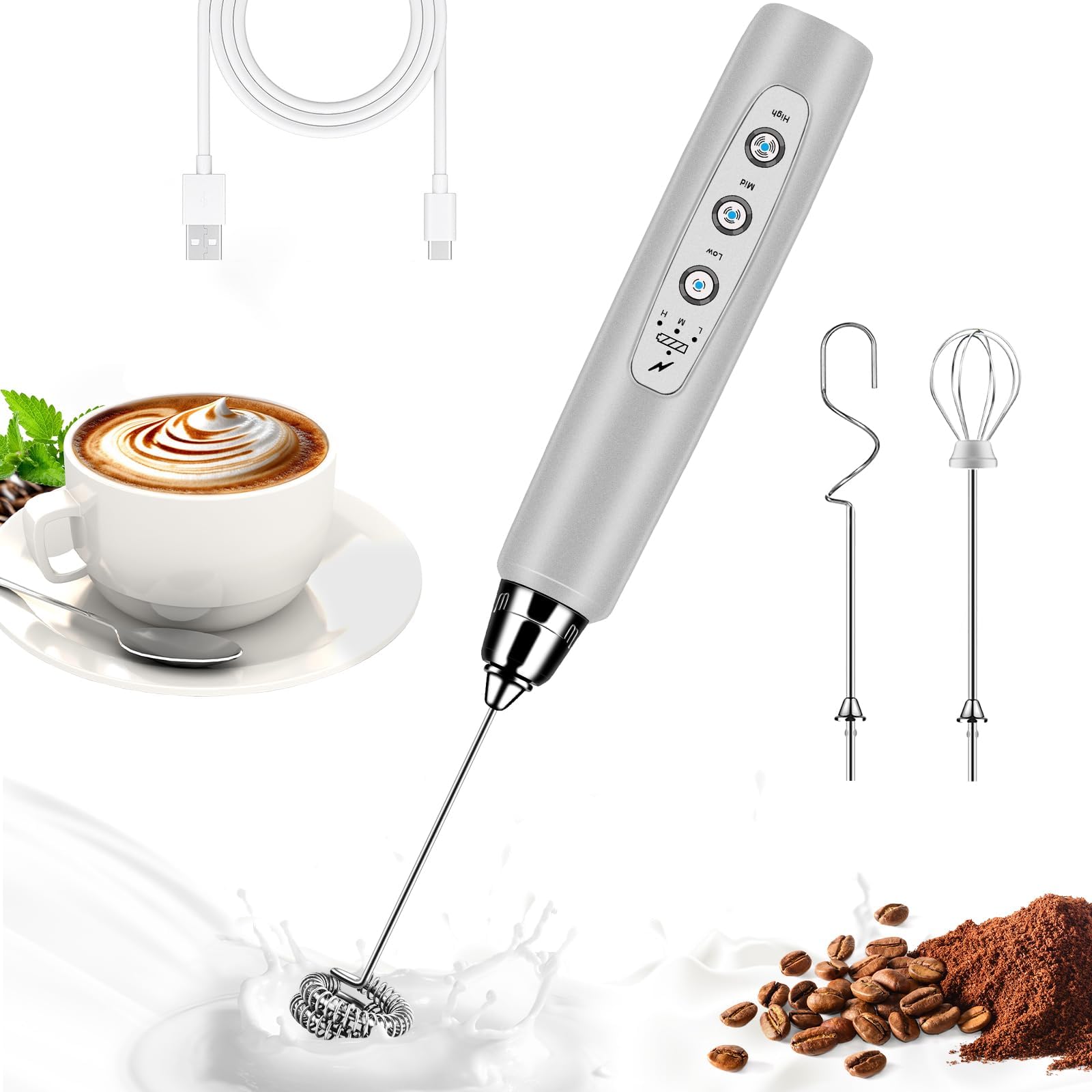 BSRGMS Milk Frother Handheld for Coffee, Electric Whisk 3 Speed Adjustable, Drink Mixer with Stainless 3 Whisks, Rechargeable Hand Frother Wand, Foam Maker for Latte Cappuccino Matcha Egg Silver - eighttwentytwo92