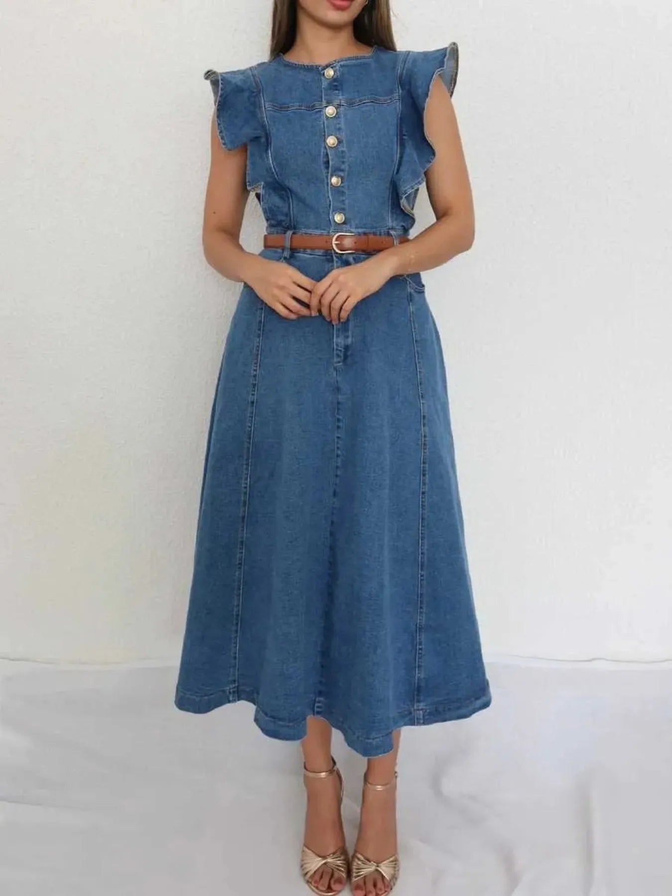Button - Front Ruffle Sleeve Denim Midi Dress - eighttwentytwo92