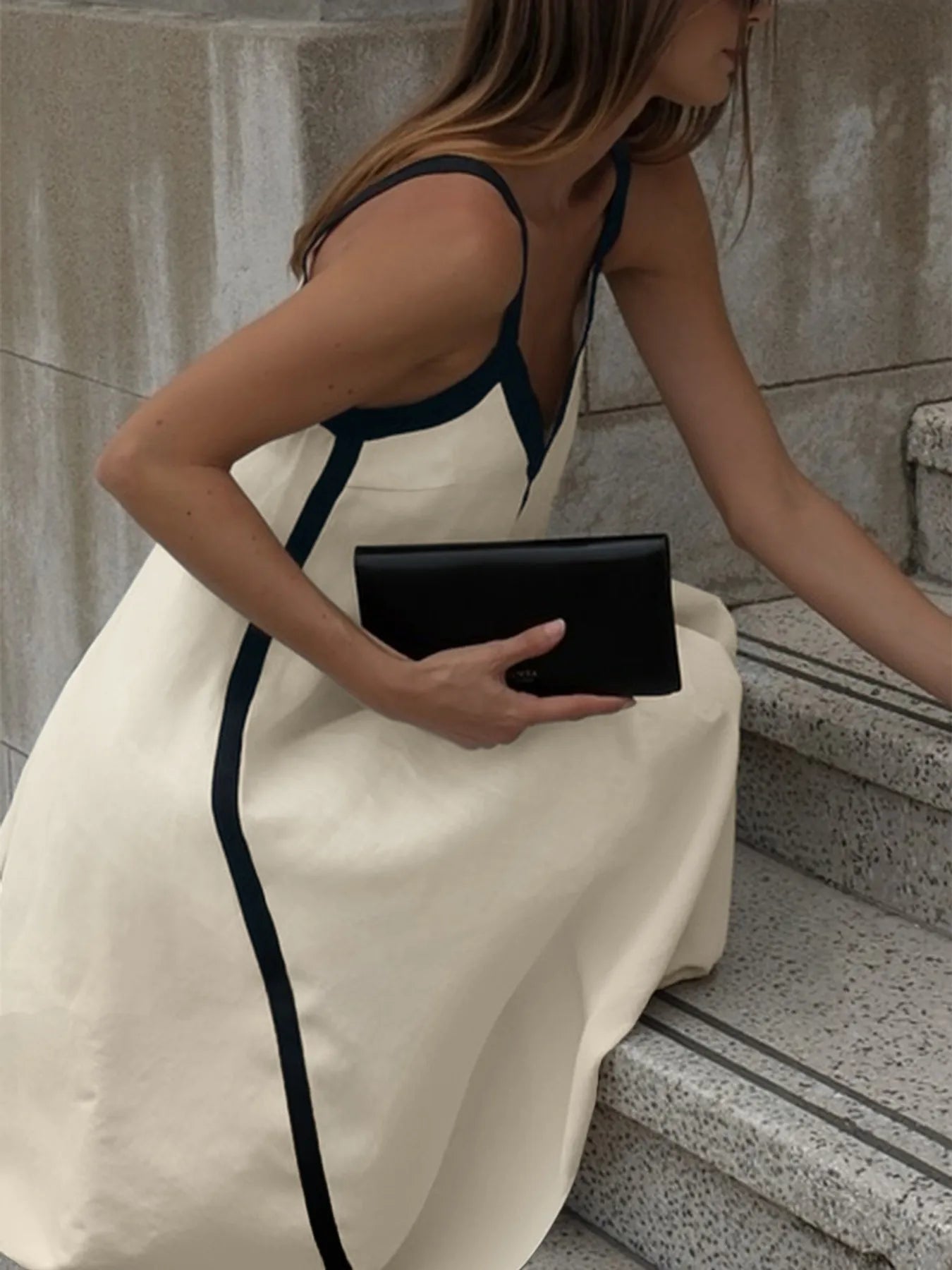 Contrast Trim V - Neck Maxi Dress - eighttwentytwo92