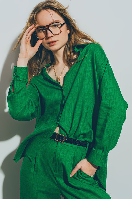 Woman wearing green cotton loose fit shirt with matching pants