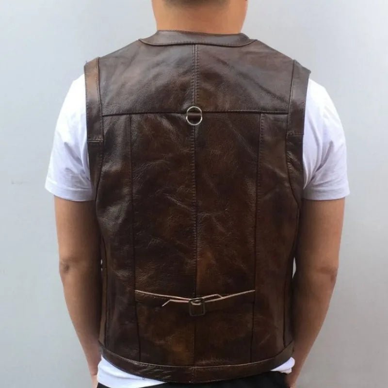 Cowhide Genuine Leather Vest Men Brown Waistcoat Male Sleeveless Jacket Thick High Quality Motorcycle Vest Multi Pocket Zipper - eighttwentytwo92