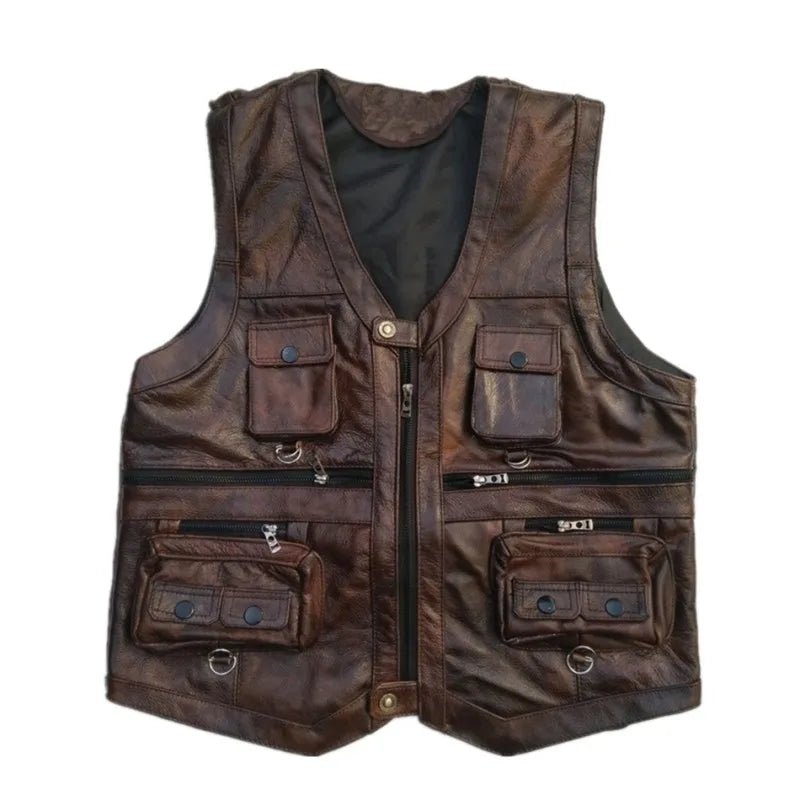Cowhide Genuine Leather Vest Men Brown Waistcoat Male Sleeveless Jacket Thick High Quality Motorcycle Vest Multi Pocket Zipper - eighttwentytwo92