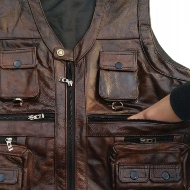 Cowhide Genuine Leather Vest Men Brown Waistcoat Male Sleeveless Jacket Thick High Quality Motorcycle Vest Multi Pocket Zipper - eighttwentytwo92