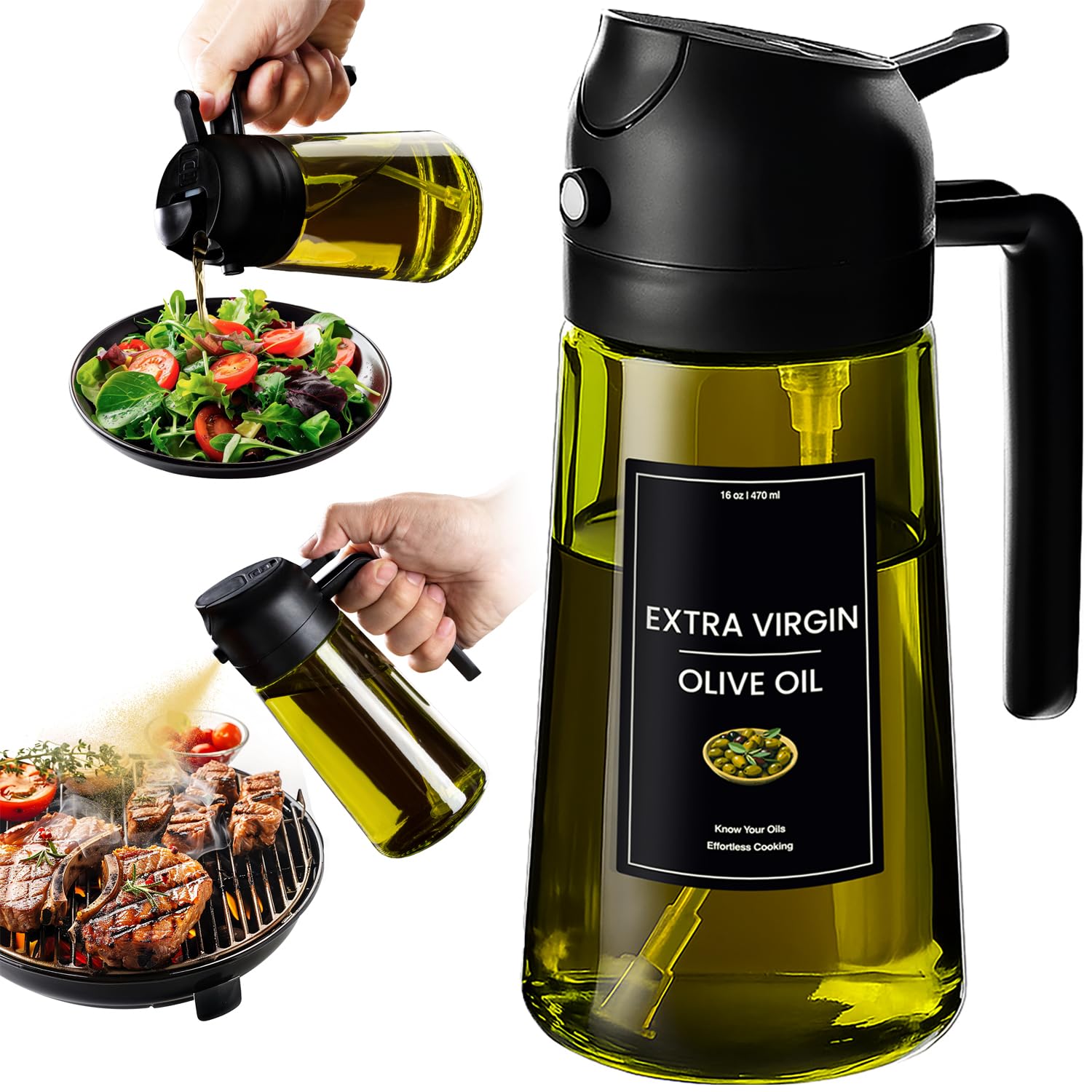 CXINYI - 16oz/470ml Olive Oil Dispenser for Kitchen with Stickers - 2 in 1 Olive Oil Sprayer for Cooking, Air Fryer, and Salad, Black (Light - Proof Kitchen Gadget) - eighttwentytwo92