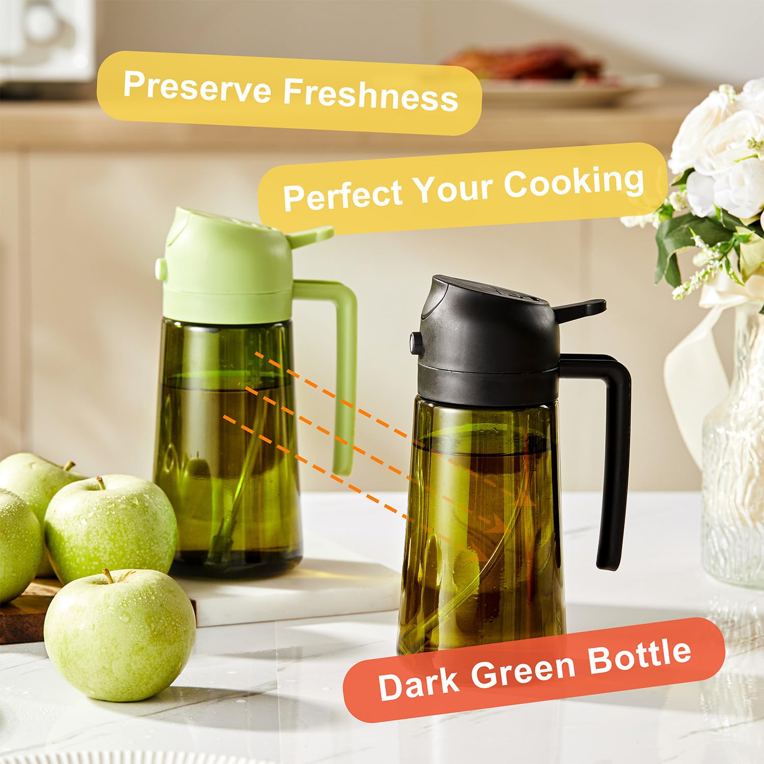 CXINYI - 16oz/470ml Olive Oil Dispenser for Kitchen with Stickers - 2 in 1 Olive Oil Sprayer for Cooking, Air Fryer, and Salad, Black (Light - Proof Kitchen Gadget) - eighttwentytwo92