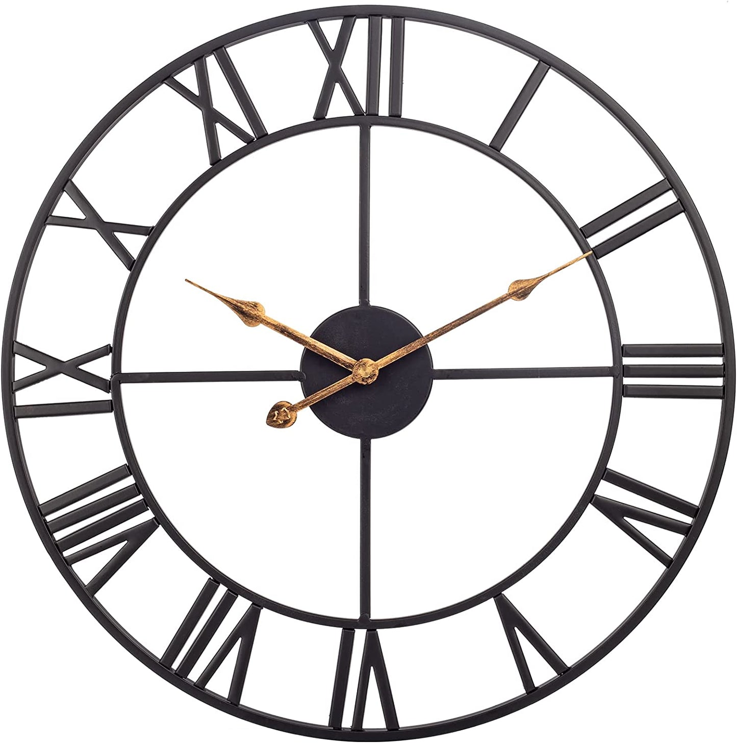 18 Inch Large Wall Clock, Silent Non Ticking Battery Operated Roman Numeral Wall Clock, Industrial Metal Indoor Outdoor Analog Clock for Living Room, Kitchen, Pool, Patio Decor - Black
