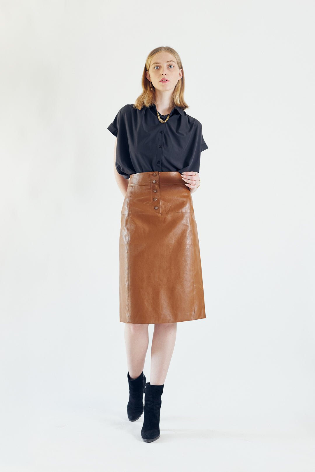 Dark Hazel Button - Front Leather Midi Skirt | Power Woman - eighttwentytwo92