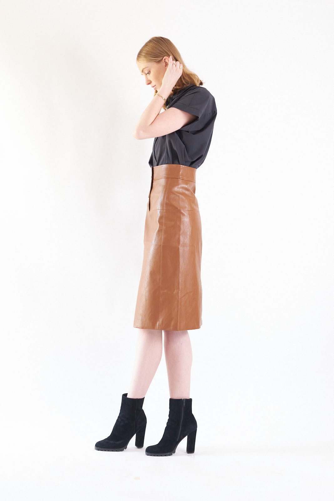 Dark Hazel Button - Front Leather Midi Skirt | Power Woman - eighttwentytwo92
