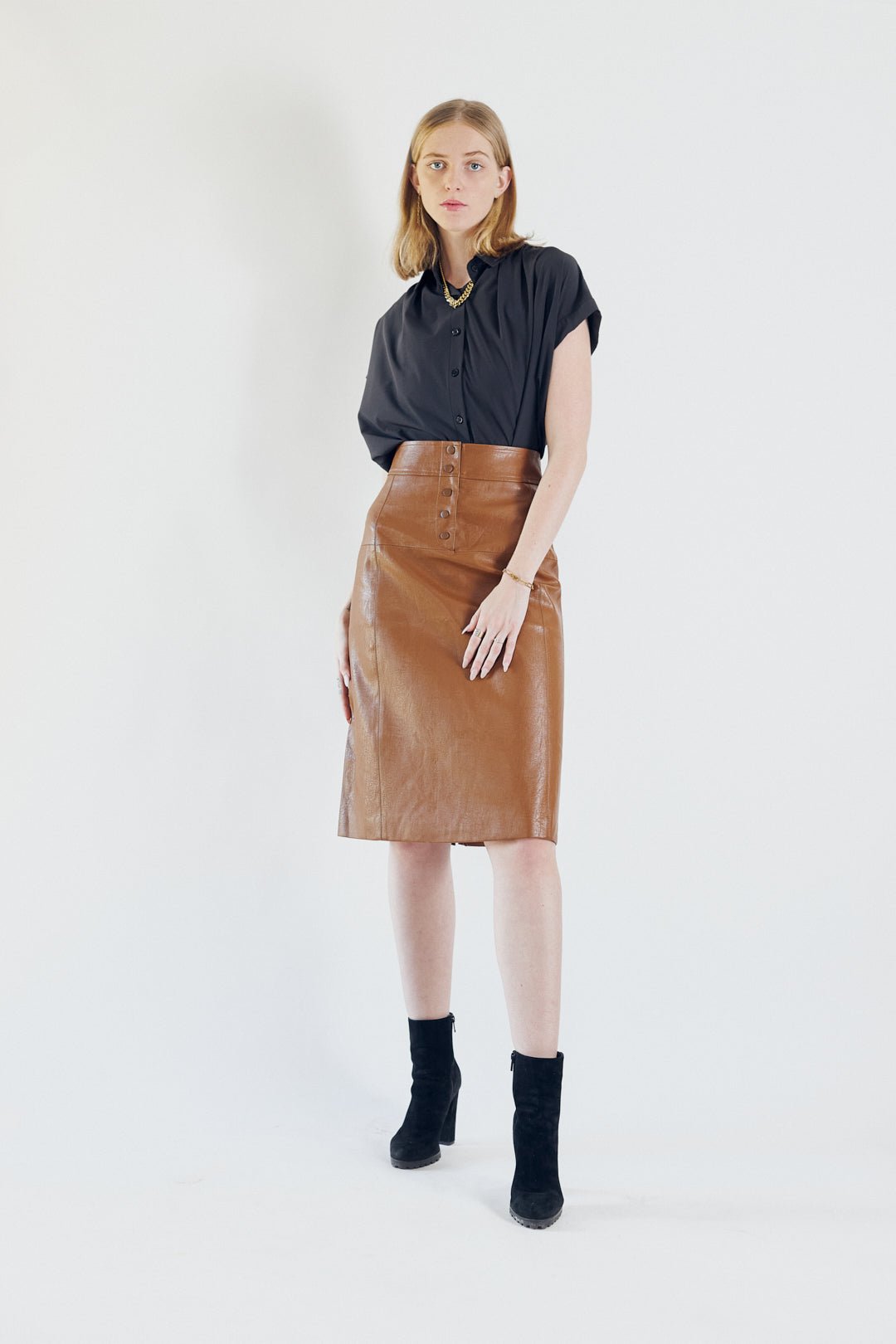 Dark Hazel Button - Front Leather Midi Skirt | Power Woman - eighttwentytwo92