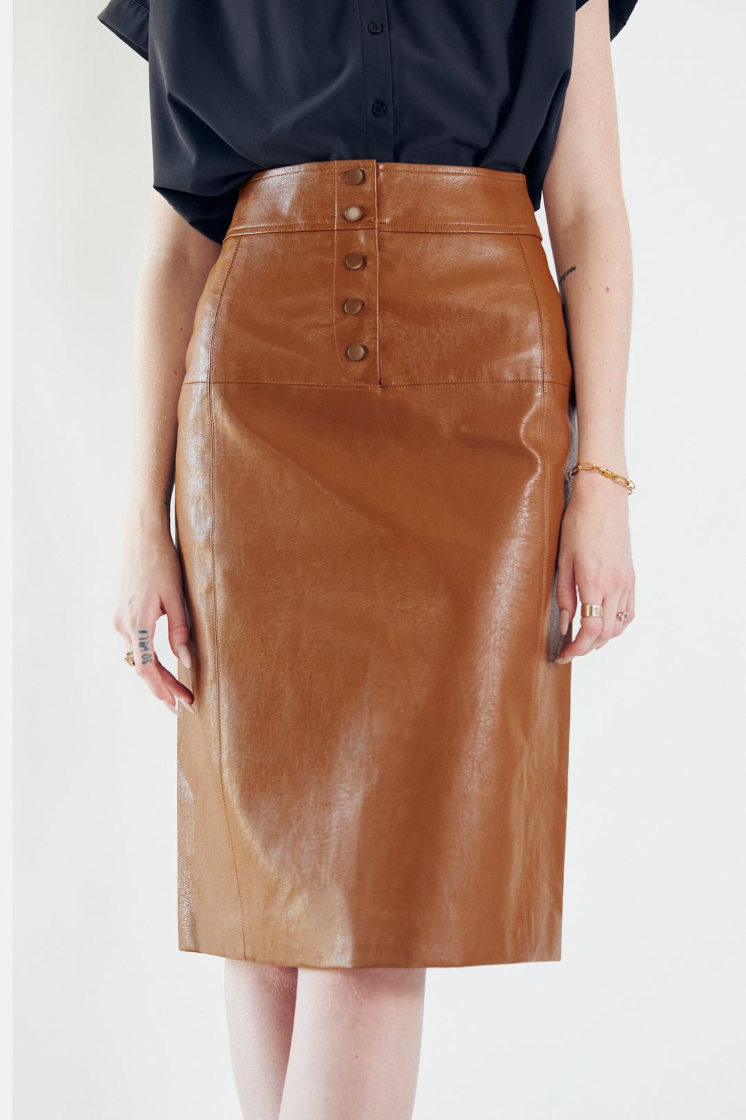 Dark Hazel Button - Front Leather Midi Skirt | Power Woman - eighttwentytwo92