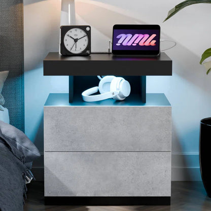 Brenard Manufactured Wood Nightstand with Wireless Charging Station, LED Light and 2 Drawers