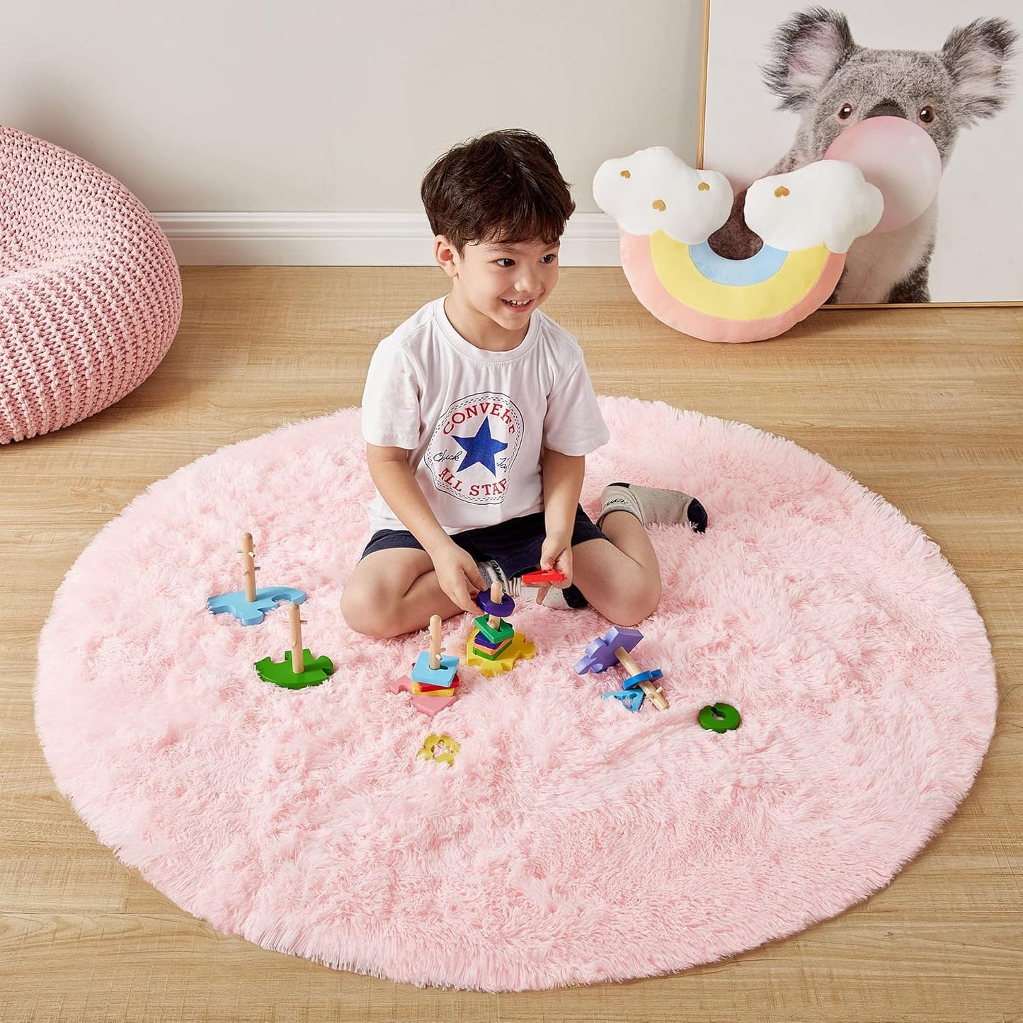 round Rainbow Rug, 4Ft Fluffy Shag Fuzzy Soft Circular Rug for Bedroom, Nursery, Kids Room, Indoor Plush Shaggy Furry Home Decor