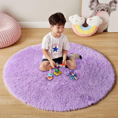 round Rainbow Rug, 4Ft Fluffy Shag Fuzzy Soft Circular Rug for Bedroom, Nursery, Kids Room, Indoor Plush Shaggy Furry Home Decor