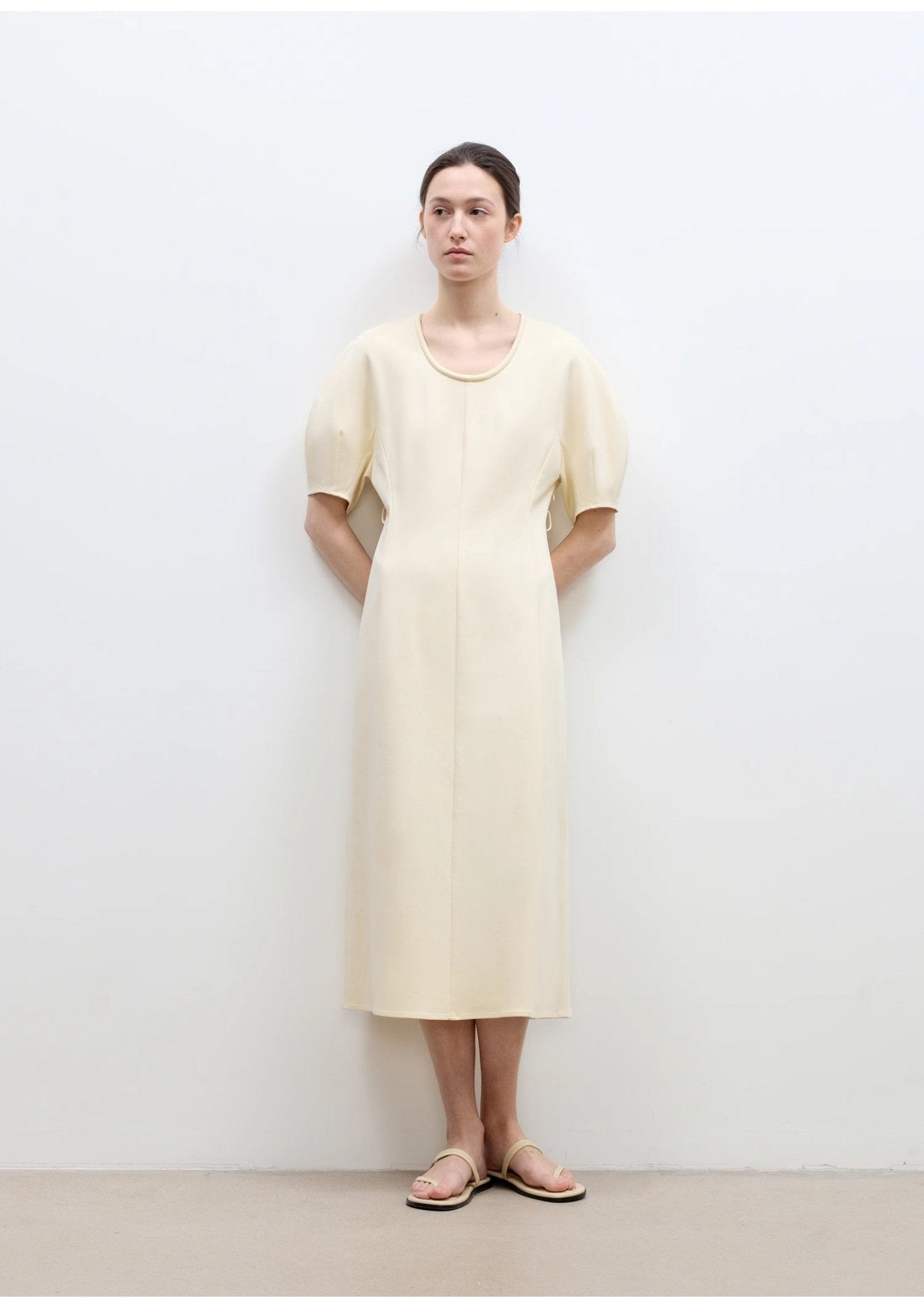 Elegant Cream Midi Dress with Short Sleeves | Minimal Everyday Style - eighttwentytwo92
