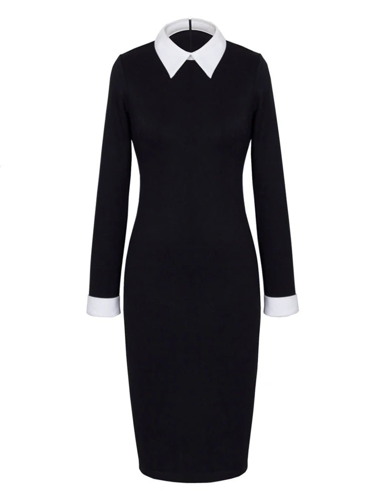 Elegant Turn - Down Collar Pencil Midi Dress for Women | Contrast Cuff Style - eighttwentytwo92
