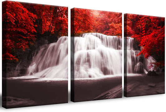 Waterfall - Wall Art Painting Black White Red Landscape Canvas Wall Art 3 Pieces,Red Trees Forest Picture Prints for Home-Office - Canvas Art Wall Art for Living Room 12X16Inchx3Pcs