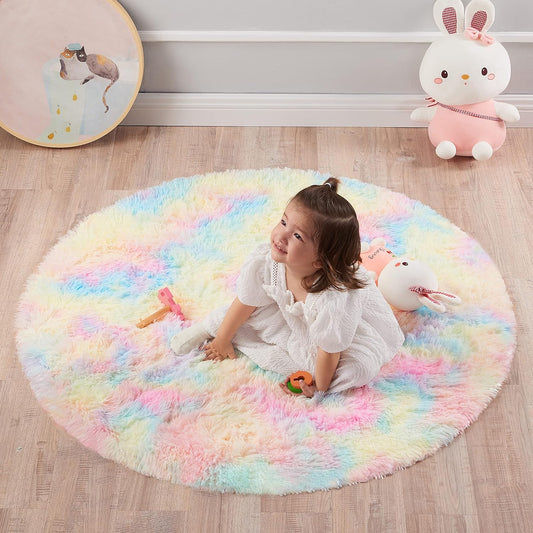 round Rainbow Rug, 4Ft Fluffy Shag Fuzzy Soft Circular Rug for Bedroom, Nursery, Kids Room, Indoor Plush Shaggy Furry Home Decor