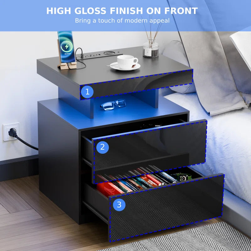 Brenard Manufactured Wood Nightstand with Wireless Charging Station, LED Light and 2 Drawers
