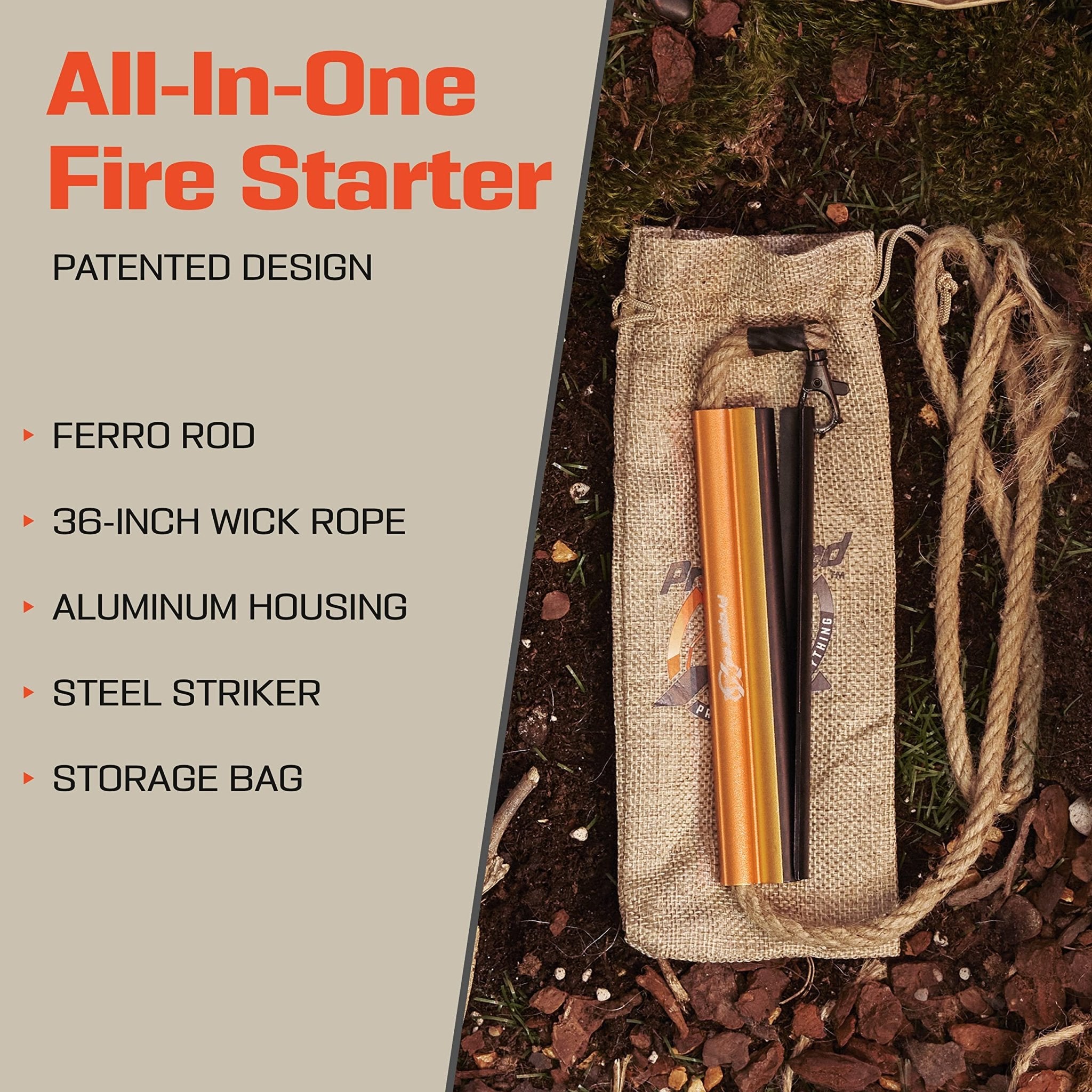 Fire Starter Survival Tool - All - in - One Patented Flint and Steel Fire Starter Kit - Ferro Rod Fire Starter with 36" Waterproof Tinder Wick Rope and Steel Fire Striker | Prepared4X - eighttwentytwo92