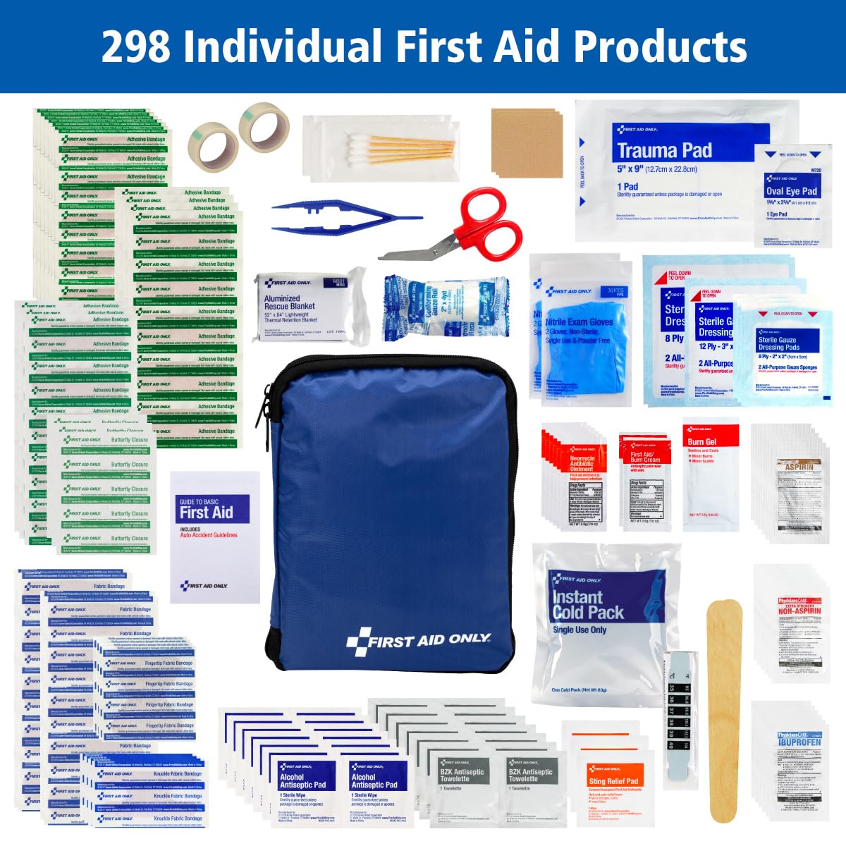 First Aid Only 298 Piece All - Purpose Emergency First Aid Kit for Home, Office, Car, Apartment, Dorm, and Camping, Travel - Friendly Compact Pouch Fits in Backpacks, Suitcases, Cabinets, and Drawers - eighttwentytwo92