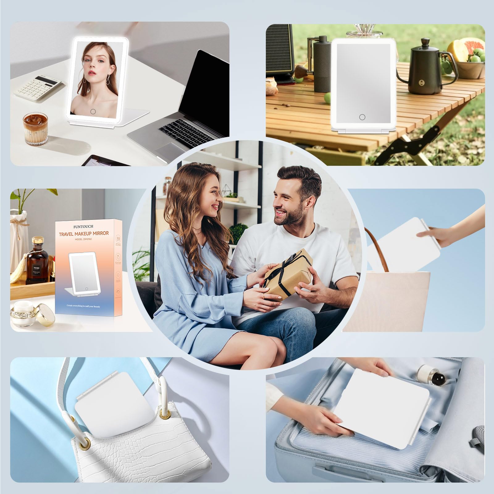 FUNTOUCH Rechargeable Travel Makeup Mirror with 72 Led Lights, Portable Lighted Beauty Mirror, 3 Color Lighting, Dimmable Touch Screen, Tabletop LED Folding Cosmetic Vanity Mirror - eighttwentytwo92